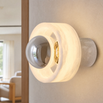 Bosco Wood Polished Orb Alabaster Halo Wall Sconce by Dalmivik, complete fixture view
