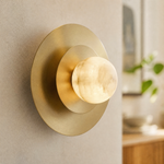 Eclipse Orb Triple Halo Alabaster Wall Sconce by Dalmivik, complete fixture view