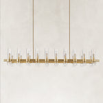 Brass-finish clear glass tube linear chandelier with the complete fixture visible