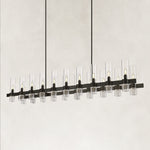 Black-finish clear glass tube linear chandelier with the complete fixture visible