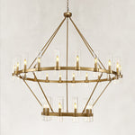 Brass-finish two-ring clear glass tube chandelier with the complete fixture visible