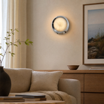 Luna Disc Chrome Bezel Alabaster Wall Sconce by Dalmivik, complete fixture view
