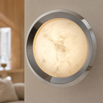 Luna Disc Chrome Bezel Alabaster Wall Sconce by Dalmivik, product or room detail view