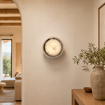 Luna Disc Chrome Bezel Alabaster Wall Sconce by Dalmivik, product or room detail view