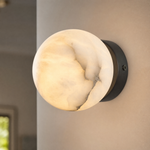 Luna Disc Compact Orb Alabaster Black Wall Sconce by Dalmivik, complete fixture view