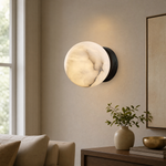 Luna Disc Compact Orb Alabaster Black Wall Sconce by Dalmivik, complete fixture view