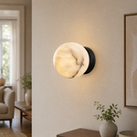 Luna Disc Compact Orb Alabaster Black Wall Sconce by Dalmivik, product or room detail view
