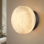 Luna Disc Medium Orb Alabaster Black Wall Sconce by Dalmivik, complete fixture view