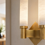 Pillar Light Twin Column Alabaster Brass Wall Sconce by Dalmivik, complete fixture view