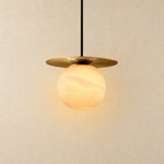Orbita Alabaster Globe Pendant by Dalmivik, complete fixture view
