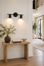 Vertical artwork scene with the matte-black twin-cylinder picture light