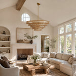 Amber tiered-glass chandelier in an bright living room.
