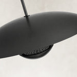 Black disc pendant shade and light source close view