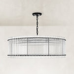 Black glass rod drum chandelier complete fixture shown unlit against a light background