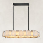 Black oval petal chandelier illuminated complete fixture view with canopy