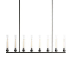 Eight-light black cylinder chandelier against a white background.