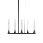 Five-light black cylinder chandelier against a white background.