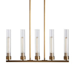 Five-light brass-tone cylinder chandelier against a white background.