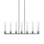 Seven-light black cylinder chandelier against a white background.