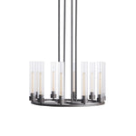 Black cylinder ring chandelier against a white background.