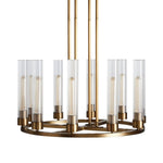 Brass-tone cylinder ring chandelier against a white background.