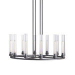 Wide black cylinder ring chandelier against a white background.