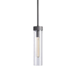 Single clear cylinder pendant with black suspension against a white background.