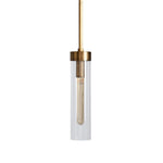 Single clear cylinder pendant with brass-tone suspension against a white background.