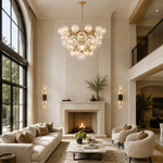 Thirty-Seven-Light Glass Globe Chandelier 36" brass-tone room scene
