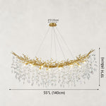 55-inch brass-tone branch chandelier dimension drawing with fixture and canopy dimensions.