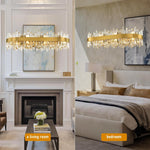 Oval chandelier in living-room and bedroom settings.