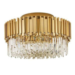 Gold-tone crystal crown flush mount against a white background.