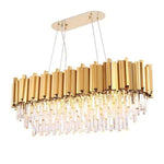 Gold-tone oval crystal chandelier and canopy against a white background.