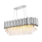 Silver-tone oval crystal chandelier and canopy against a white background.