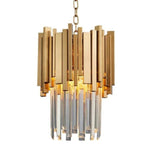 Gold-tone crystal crown pendant with hanging rods against a white background.