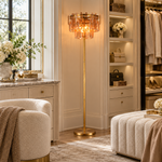 Amber crystal floor lamp shown in a furnished interior