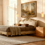Cylindrical stone pendants beside a bed.
