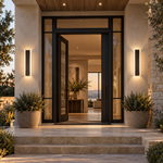 Complete slim linear outdoor wall fixture in entrance or patio setting