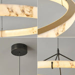 Detail collage of alabaster veining, the black ceiling canopy and ring support frame