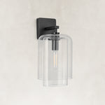 Double-Layer Clear Glass Wall Sconce in Matte Black, complete fixture close view