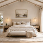 Pair of faceted crystal mini pendants beside a refined bedroom setting