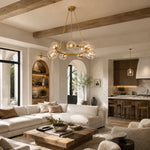Gold-tone bubble glass ring chandelier in a living room interior