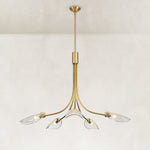 Gold-tone leaf glass chandelier complete fixture illuminated against a neutral background