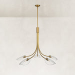 Gold-tone leaf glass chandelier complete fixture shown unlit against a neutral background