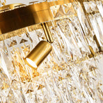 Gold-tone tiered crystal chandelier, holder and crystal pendants close view
