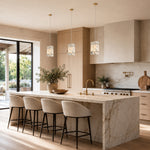 Graphic Vein Twelve-Panel Marble Lantern Pendant installed above a kitchen island