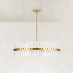 Glass drum chandelier with gold-tone band, unlit full product view.