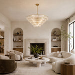 Clear glass chandelier room scene.