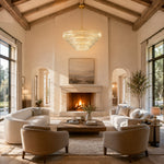 Clear glass chandelier room scene.