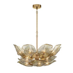 Round layered gold glass petal chandelier against a white background.